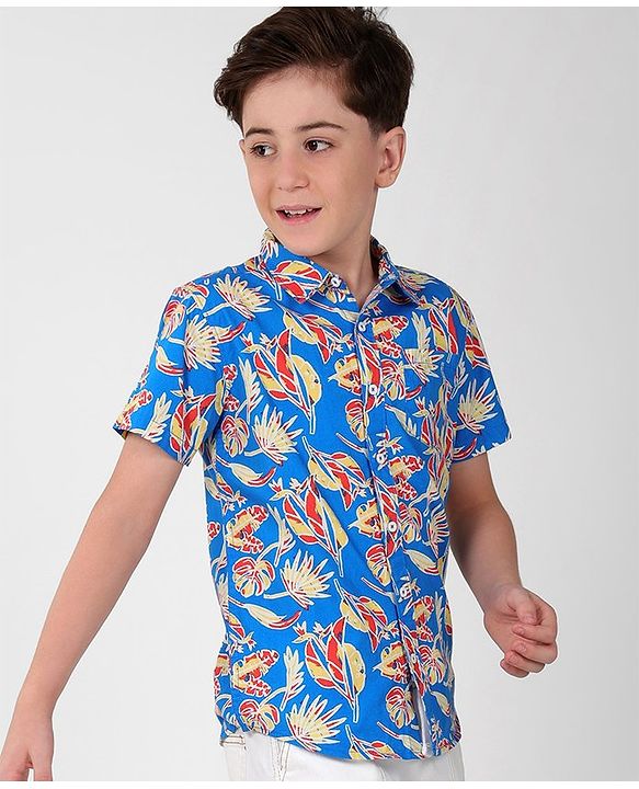 Pine Kids Cotton Half Sleeves Shirt All Over Tropical Print - Blue