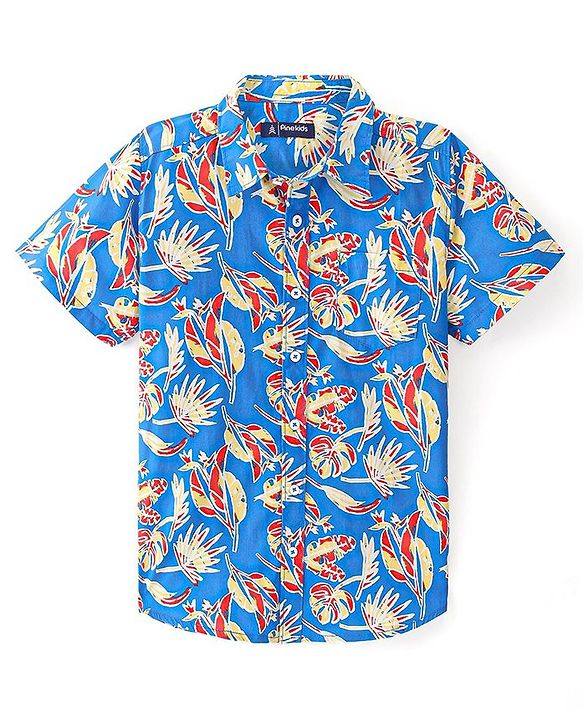 Pine Kids Cotton Half Sleeves Shirt All Over Tropical Print - Blue