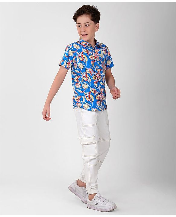 Pine Kids Cotton Half Sleeves Shirt All Over Tropical Print - Blue