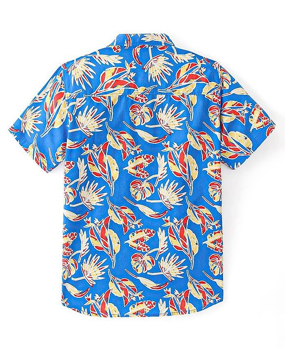 Pine Kids Cotton Half Sleeves Shirt All Over Tropical Print - Blue
