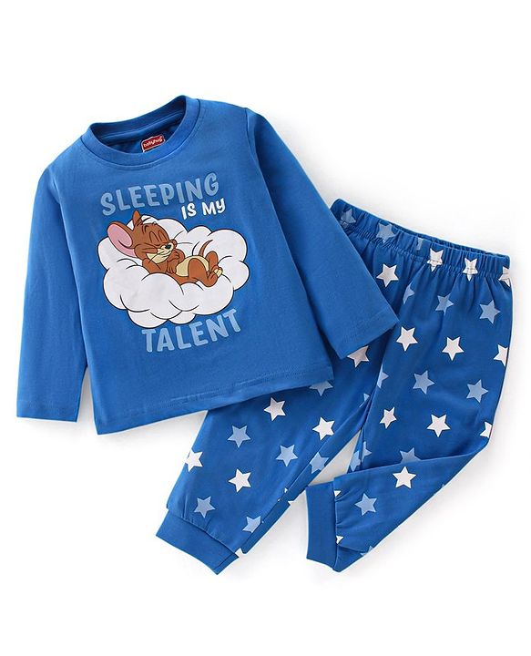 Tom And Jerry By Babyhug Cotton Single Jersey Knit Full Sleeves Night Suit Jerry Print - Blue