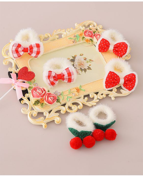 Babyhug Rubber Bands with Bow and Cherry Appliques Pack of 6 - Red and White