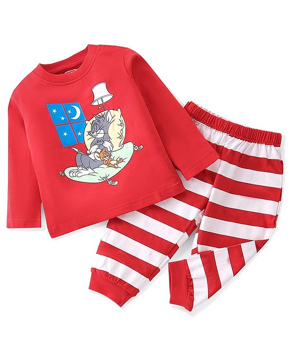 Babyhug Single Jersey Full Sleeves Nightsuit Tom & Jerry Printed - Red
