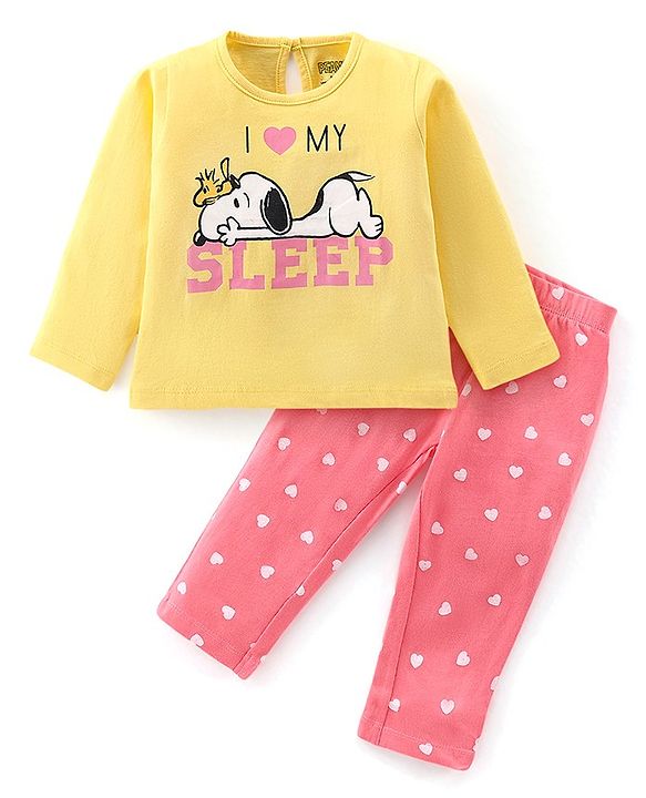 Babyhug Cotton Knit Full Sleeves Night Suit With Snoopy Print - Yellow & Pink