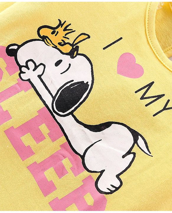 Babyhug Cotton Knit Full Sleeves Night Suit With Snoopy Print - Yellow & Pink