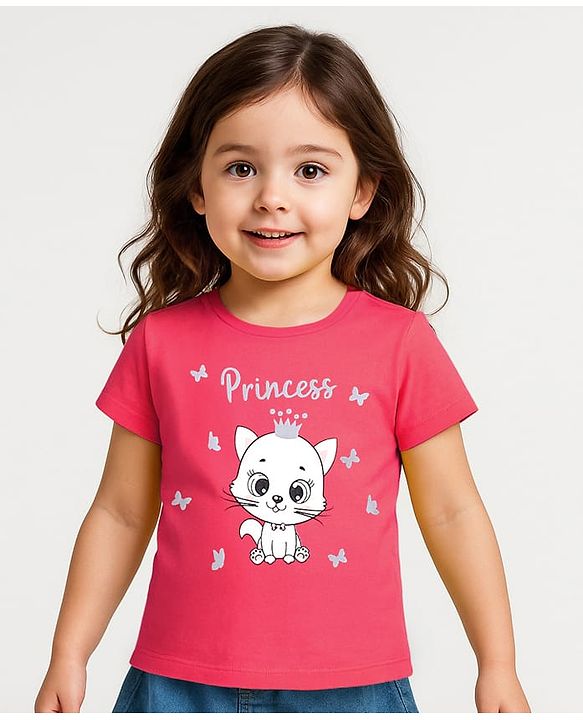 Babyhug Cotton Knit Half Sleeves Kitty Print T-Shirt - Pink