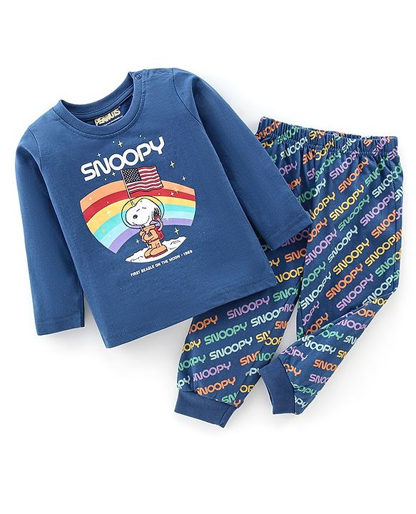 Babyhug Cotton Knit Full Sleeves Night Suit With Snoopy In Space Print - Navy Blue