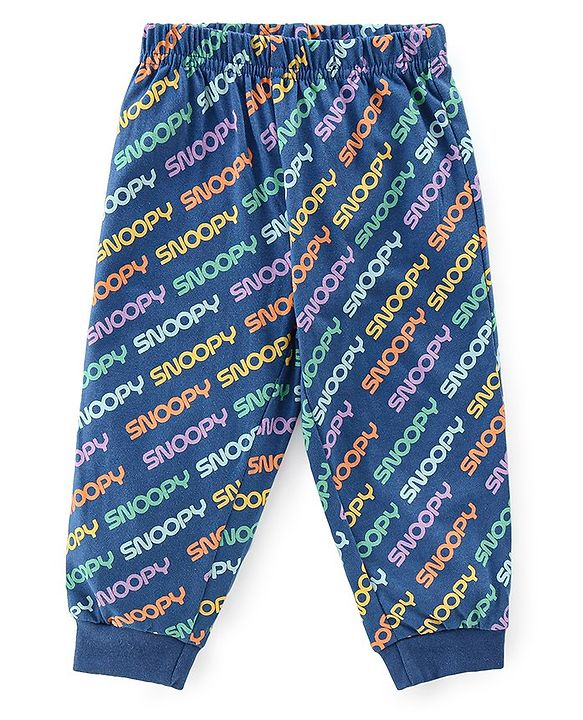 Babyhug Cotton Knit Full Sleeves Night Suit With Snoopy In Space Print - Navy Blue