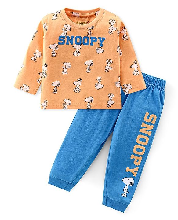 Babyhug Cotton Knit Full Sleeves Night Suit With Snoopy Print - Orange & Blue
