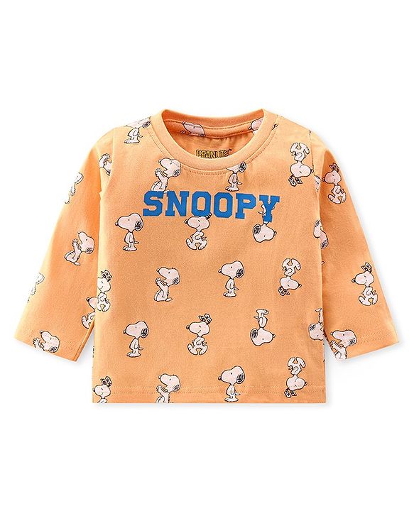 Babyhug Cotton Knit Full Sleeves Night Suit With Snoopy Print - Orange & Blue