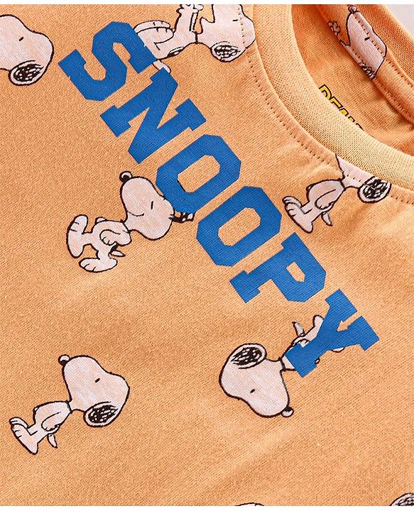 Babyhug Cotton Knit Full Sleeves Night Suit With Snoopy Print - Orange & Blue