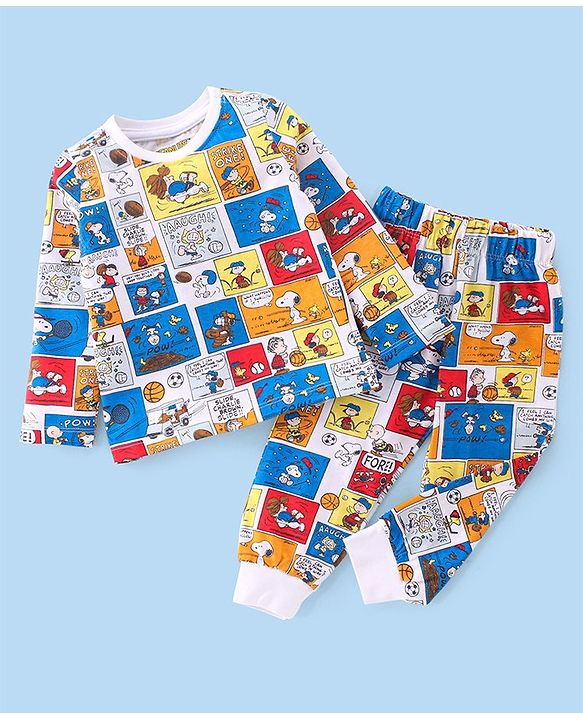 Babyhug Cotton Knit Full Sleeves Night Suit With Snoopy Print - Blue & White