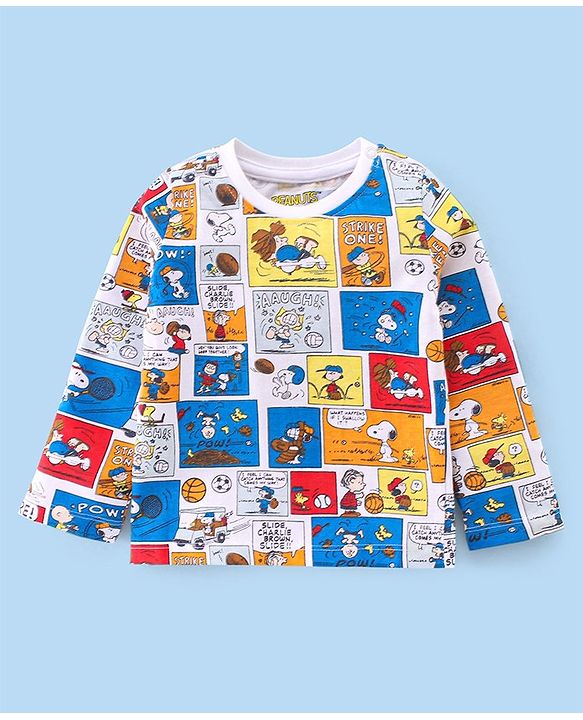 Babyhug Cotton Knit Full Sleeves Night Suit With Snoopy Print - Blue & White