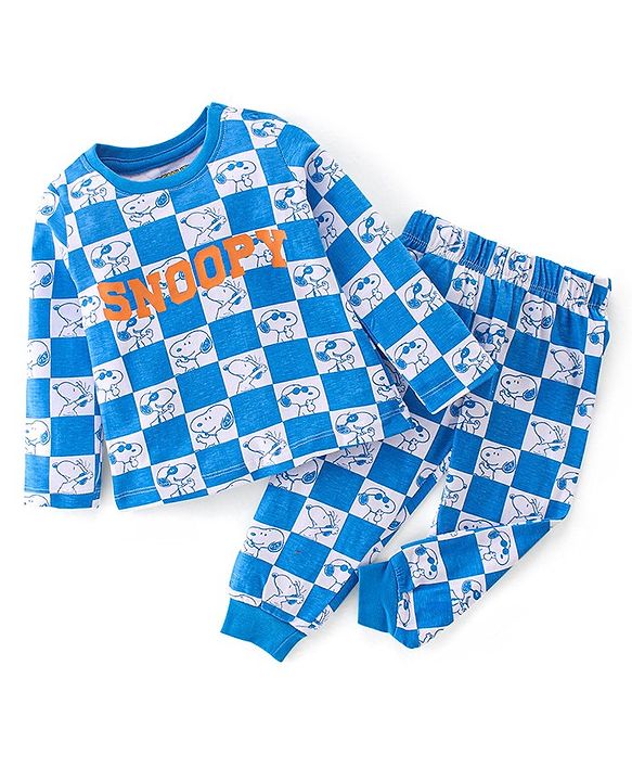 Babyhug Cotton Knit Full Sleeves Night Suit With Snoopy Print Checkered - Blue & Grey