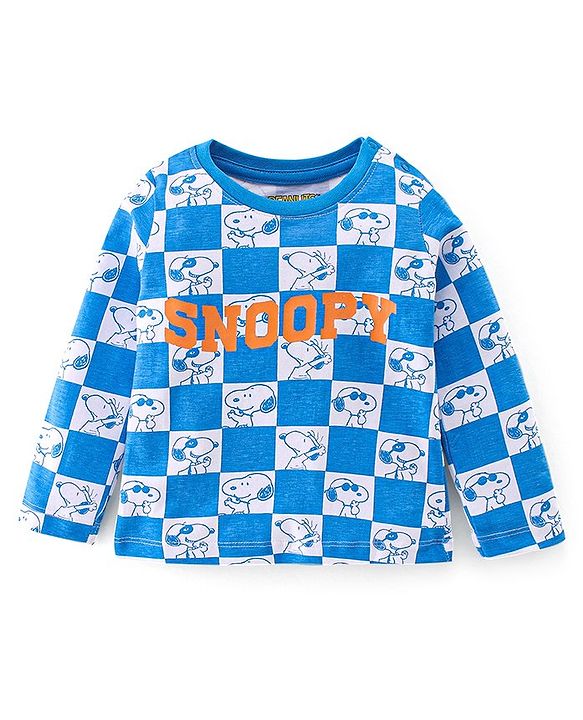Babyhug Cotton Knit Full Sleeves Night Suit With Snoopy Print Checkered - Blue & Grey