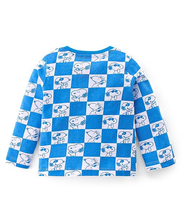 Babyhug Cotton Knit Full Sleeves Night Suit With Snoopy Print Checkered - Blue & Grey