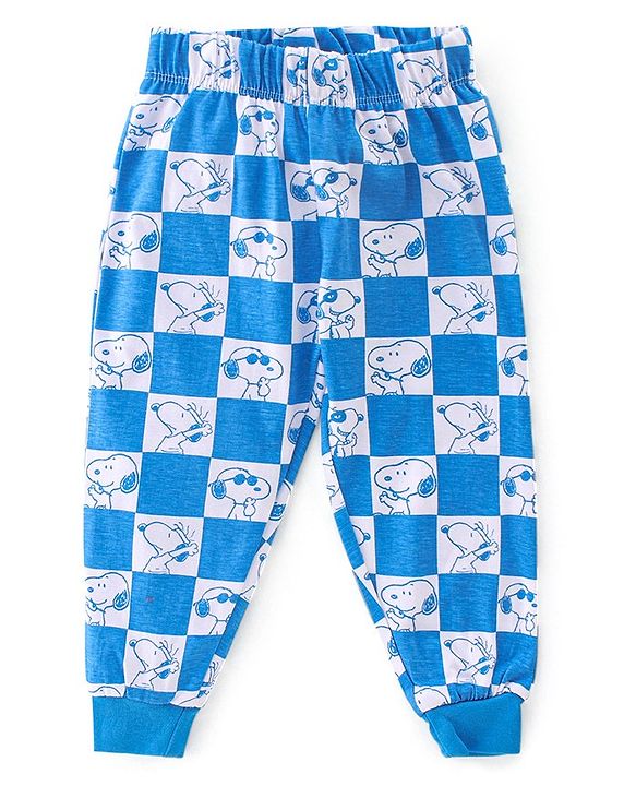 Babyhug Cotton Knit Full Sleeves Night Suit With Snoopy Print Checkered - Blue & Grey