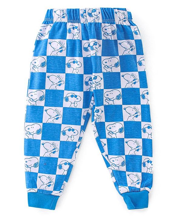 Babyhug Cotton Knit Full Sleeves Night Suit With Snoopy Print Checkered - Blue & Grey