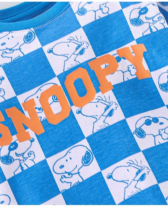 Babyhug Cotton Knit Full Sleeves Night Suit With Snoopy Print Checkered - Blue & Grey