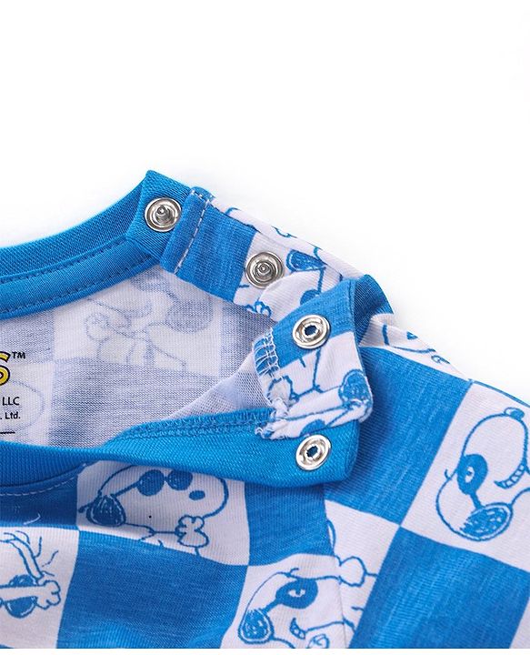 Babyhug Cotton Knit Full Sleeves Night Suit With Snoopy Print Checkered - Blue & Grey