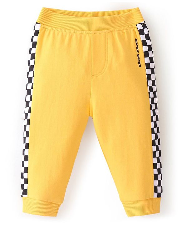 Babyhug Cotton Looper Knit Full Length Track Pants Checker Print - Yellow