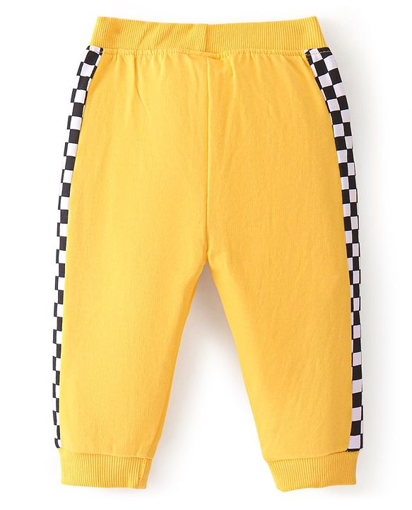 Babyhug Cotton Looper Knit Full Length Track Pants Checker Print - Yellow