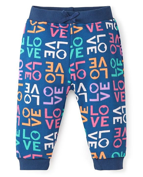 Babyhug Cotton Looper Knit Full Length Lounge Pant Text Print - Navy Blue