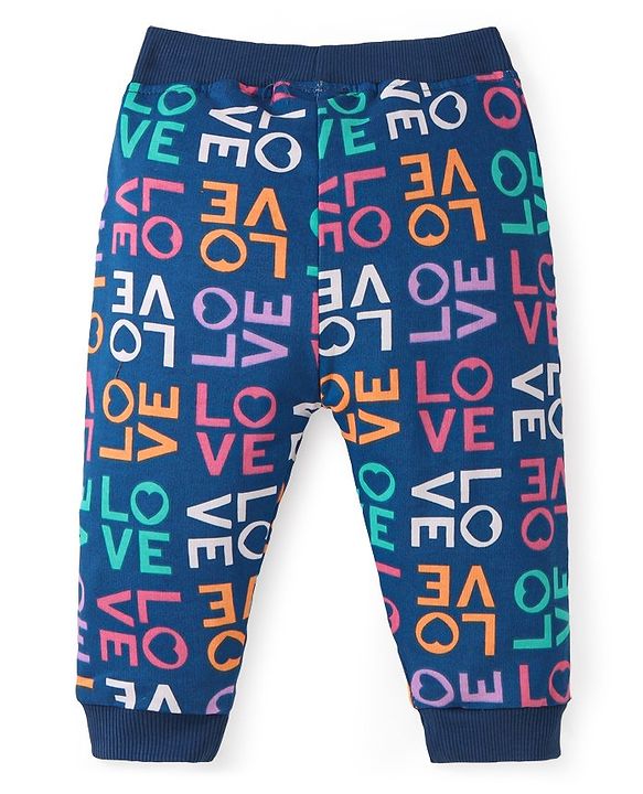 Babyhug Cotton Looper Knit Full Length Lounge Pant Text Print - Navy Blue