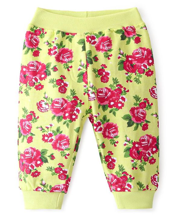 Babyhug Cotton Looper Knit Full Length Lounge Pant Floral Print - Lime Green