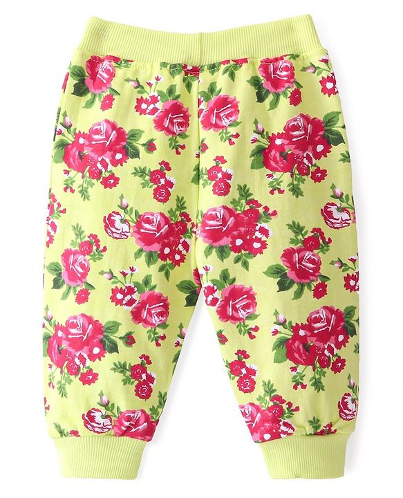 Babyhug Cotton Looper Knit Full Length Lounge Pant Floral Print - Lime Green