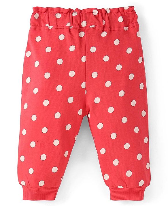 Babyhug Cotton Looper Full Length Lounge Pant With Polka Dots Print - Red