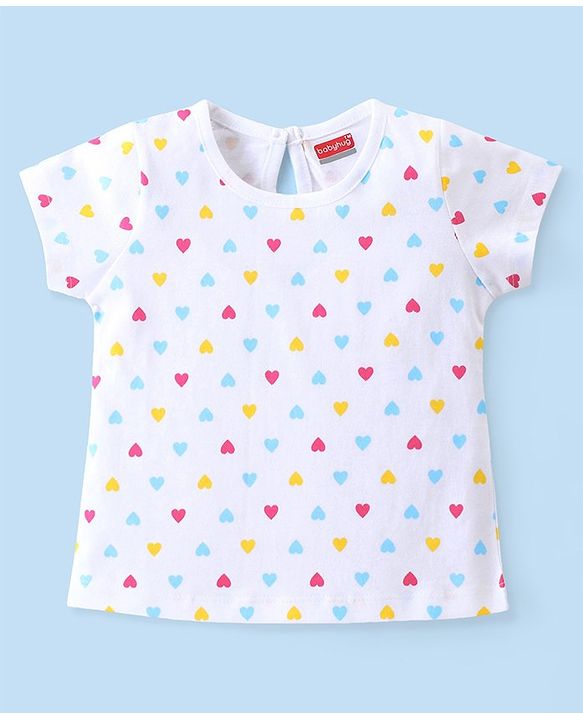 Babyhug 100% Cotton Knit Half Sleeves T-Shirt with Heart Graphics - White