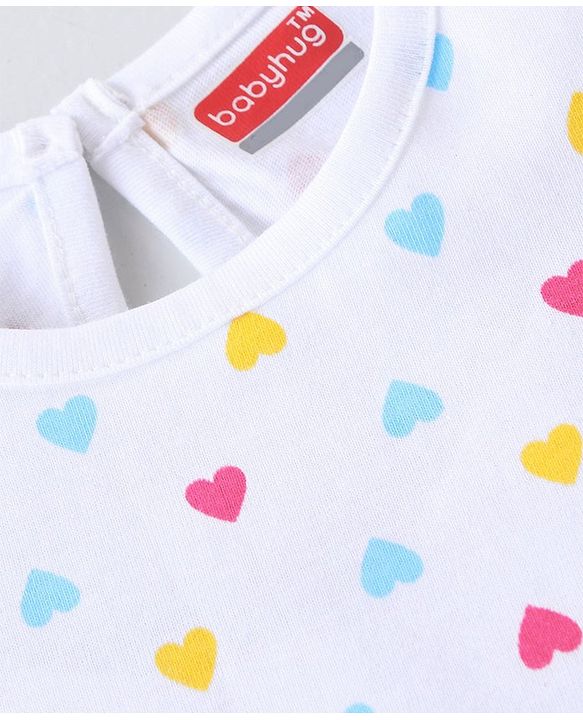 Babyhug 100% Cotton Knit Half Sleeves T-Shirt with Heart Graphics - White