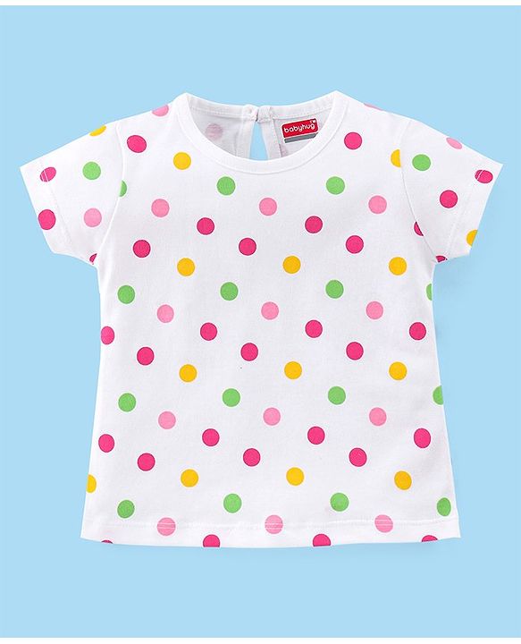 Babyhug 100% Cotton Knit Half Sleeves Top With Polka Dot Graphics - White