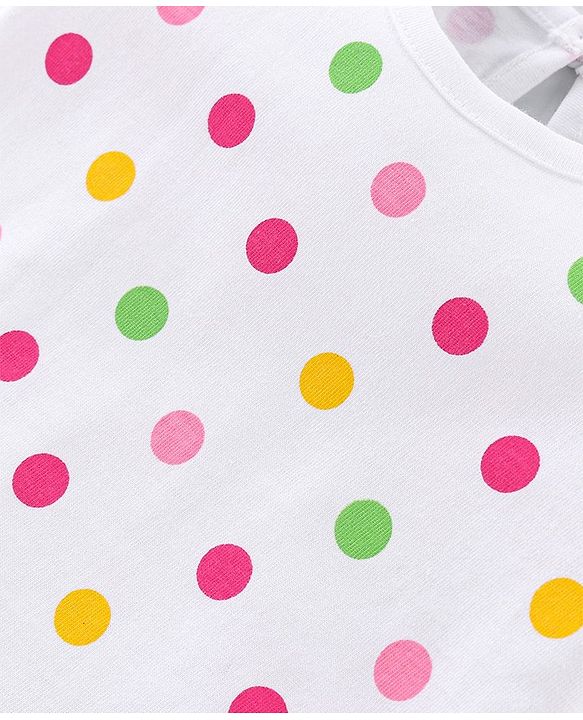 Babyhug 100% Cotton Knit Half Sleeves Top With Polka Dot Graphics - White
