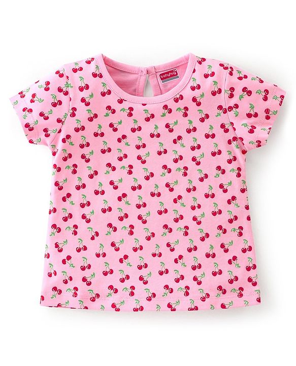Babyhug 100% Cotton Knit Half Sleeves T-Shirt With Cherry Graphics - Pink
