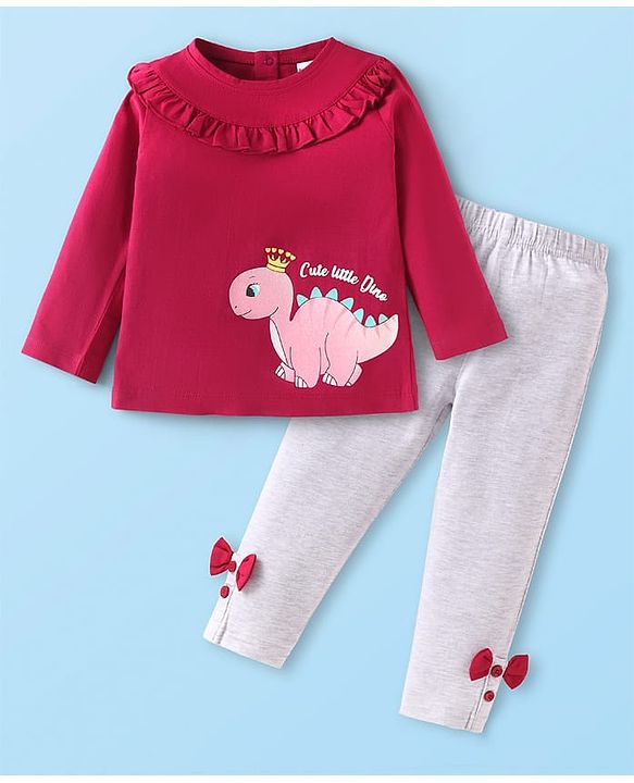 Babyhug Single Jersey Knit Full Sleeves Top & Lounge Pant Set with Frill Detailing & Dino Print - Maroon & White