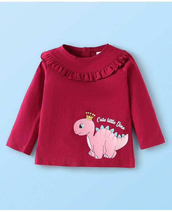 Babyhug Single Jersey Knit Full Sleeves Top & Lounge Pant Set with Frill Detailing & Dino Print - Maroon & White
