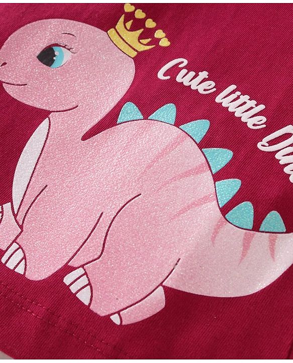 Babyhug Single Jersey Knit Full Sleeves Top & Lounge Pant Set with Frill Detailing & Dino Print - Maroon & White