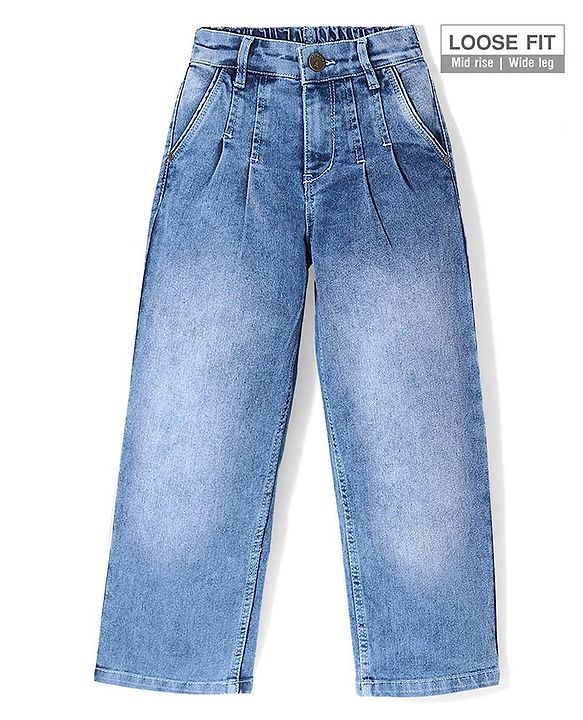 Pine Kids Cotton Elastane Woven Full Length Washed Denim Jeans - Medium Blue
