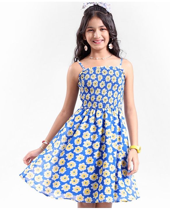 Pine Kids Woven Sleeveless All Over Floral Printed Strappy Dress - Blue