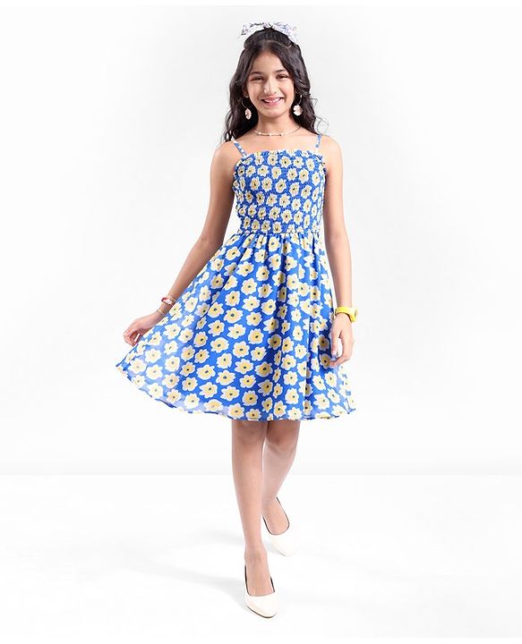 Pine Kids Woven Sleeveless All Over Floral Printed Strappy Dress - Blue