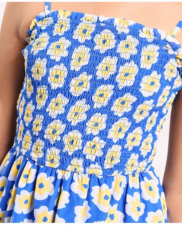 Pine Kids Woven Sleeveless All Over Floral Printed Strappy Dress - Blue