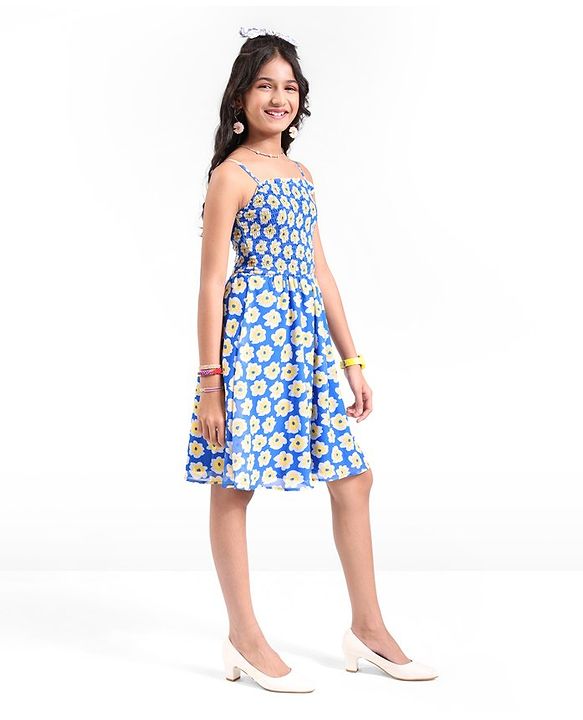 Pine Kids Woven Sleeveless All Over Floral Printed Strappy Dress - Blue