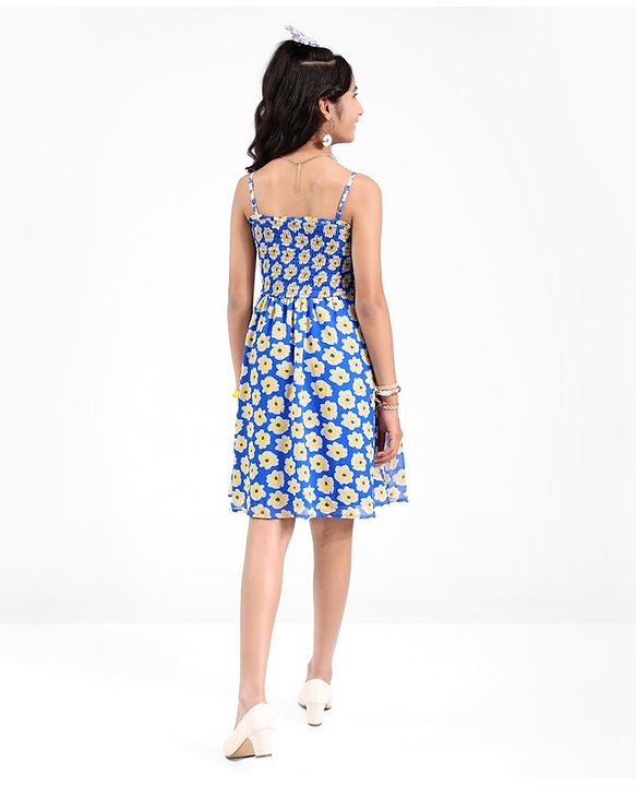 Pine Kids Woven Sleeveless All Over Floral Printed Strappy Dress - Blue