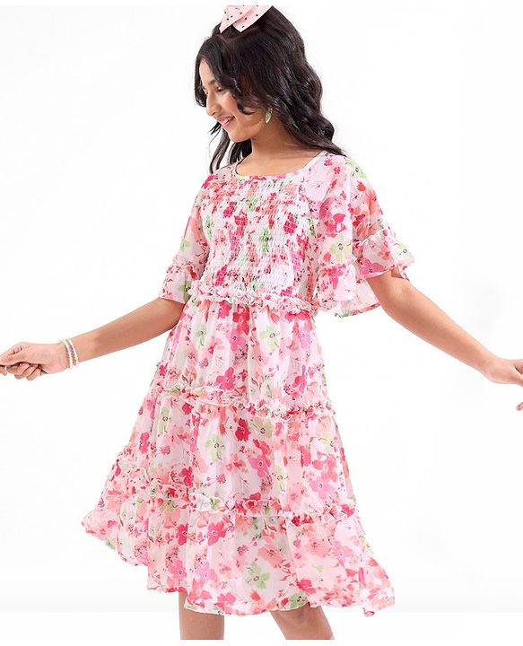 Pine Kids Woven Flared Sleeves All Over Floral Printed Tiered Dress - Pink