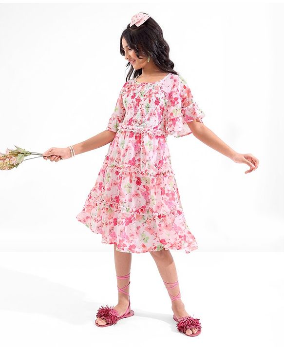 Pine Kids Woven Flared Sleeves All Over Floral Printed Tiered Dress - Pink