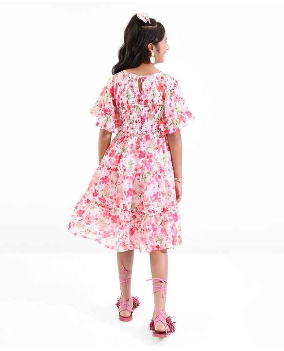 Pine Kids Woven Flared Sleeves All Over Floral Printed Tiered Dress - Pink