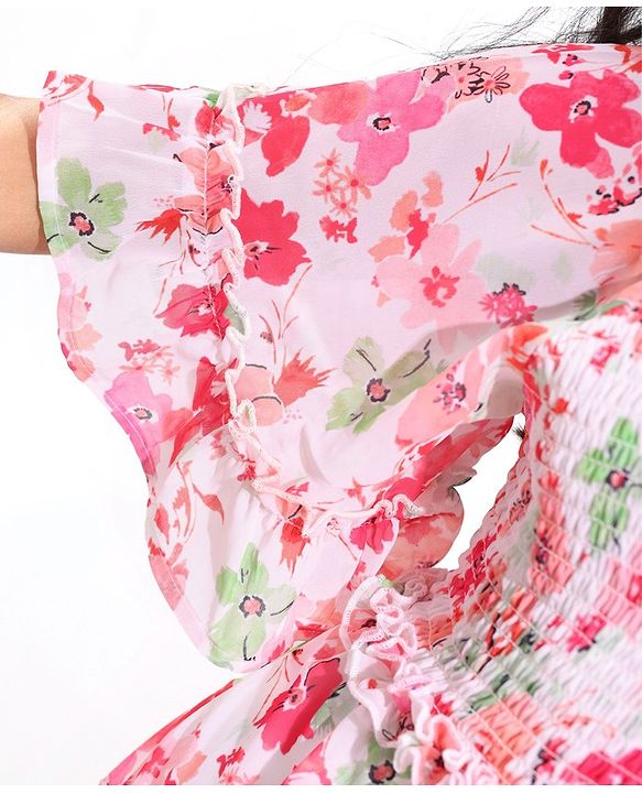 Pine Kids Woven Flared Sleeves All Over Floral Printed Tiered Dress - Pink