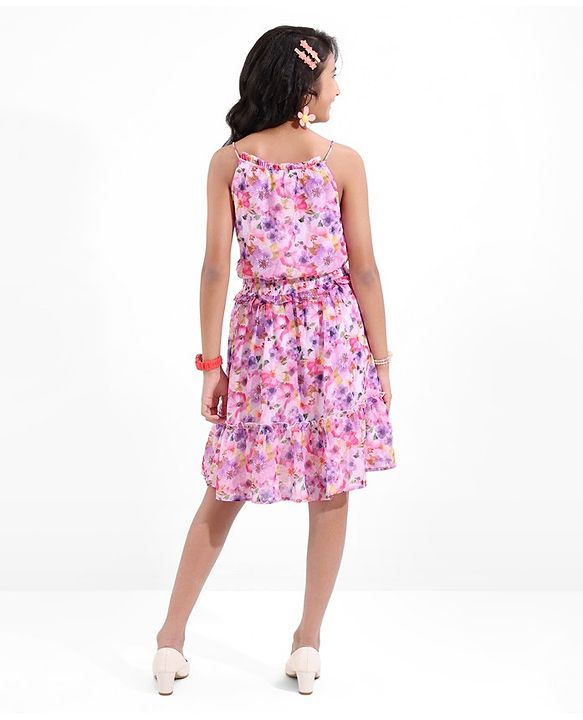 Pine Kids Woven Sleeveless All Over Floral Printed Tiered Dress - Purple